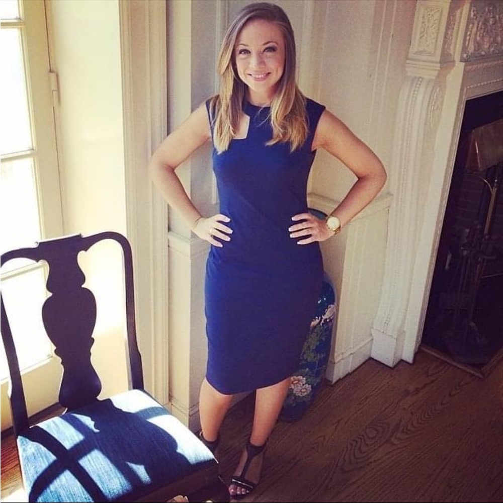 CACHE FITTED NAVY DRESS - blue, stretchy, and great for weddings